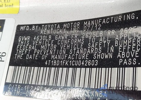 2012 Toyota Camry Hybrid Le from USA, damaged, VIN 4T1BD1FK1CU042603